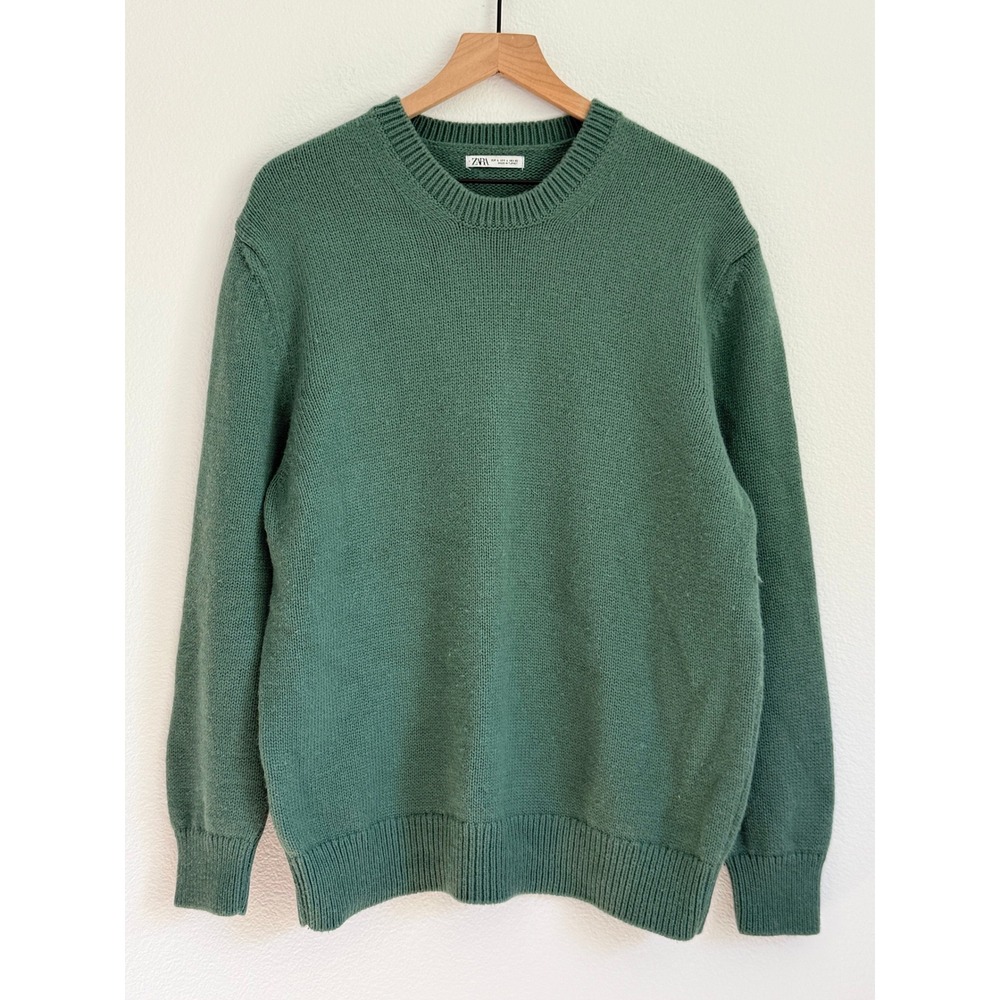 Zara Knit Sweater Large Green Crew Neck Minimalist Classic Preppy Pullover